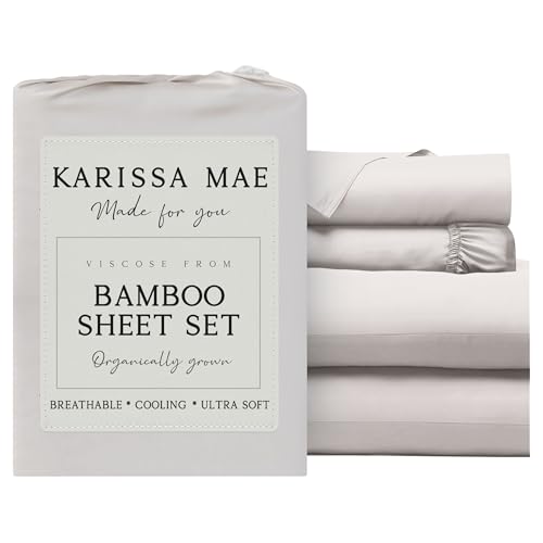 Image of KARISSA MAE Luxury Bamboo Viscose Cal King Size Sheet Set | FSC Certified | Cooling | Ultra Soft | 18 inch Deep Pockets | Elastic Corner Straps | Includes Organizer Band [Cream]