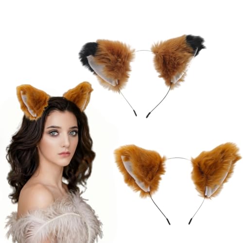 EYWILYWI 2 Pcs Plush Furry Fox Ears Headband, Cute Animal Ears Hair Hoop, Fox Cosplay Costume Accessory for Halloween Dress Up Christmas Parties Stage Shows. (brown)
