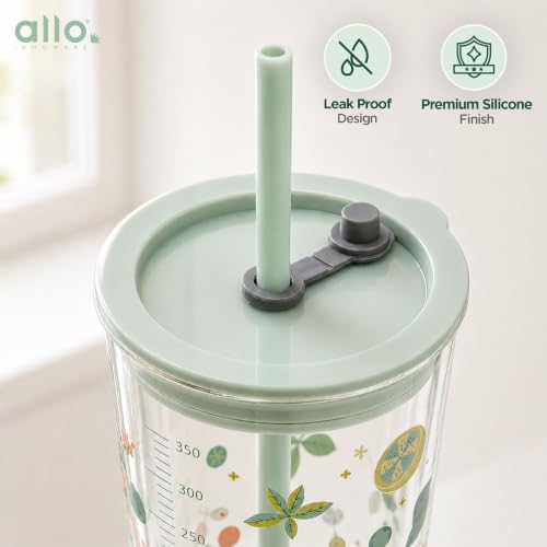 Image of Allo Reusable Glass Mug Sipper Tumbler with Straw, Unique 2 in 1 ANTI Spill Lid | Microwave Safe Leakproof Glass with Anti-Slip Grip for Hot & Cold Coffee| Car, Office, Travel use | 450ml (Green Pear)