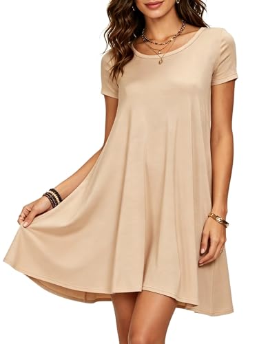 Image of Afibi Womens Short Sleeve Loose Pockets Dress Casual Swing T-Shirt Dresses