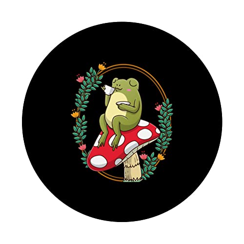 Frog Sipping Tea On Mushroom Cottagecore Kawaii Aesthetic PopSockets Swappable PopGrip, Black - Image 3
