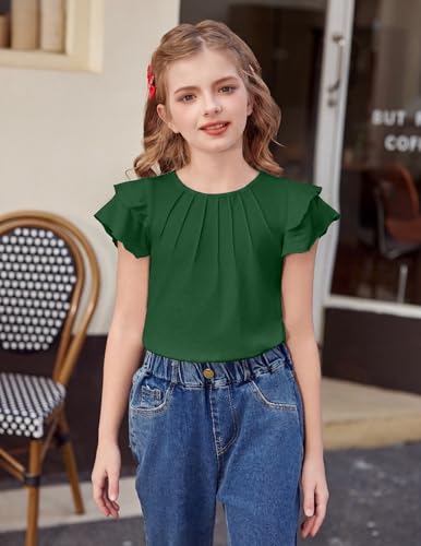 Image of Arshiner Girls T Shirts Ruffle Short Sleeve Summer Pleated Crewneck Casual Tops Tees Blouses