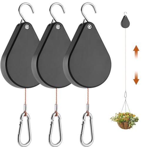 WROSWT Upgraded Retractable Plant Hanger Plant Pulleys for Hanging Plants Easy to Raise and Lower Auto Lock Heavy Duty Adjustable Hook for Garden Baskets Pots Birds Feeder (3Pcs Black)
