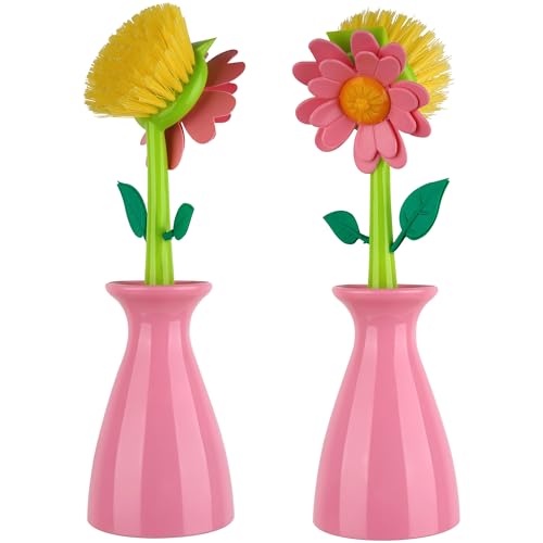 Image of Long Handle Flower Pot Brush, Florganic Dish Brush with Vase, Long Handle Dish Brushs Kitchen, for Cleaning Pot Pan Sink Kitchen Supplies Decorative Vase (2Pcs Pink)