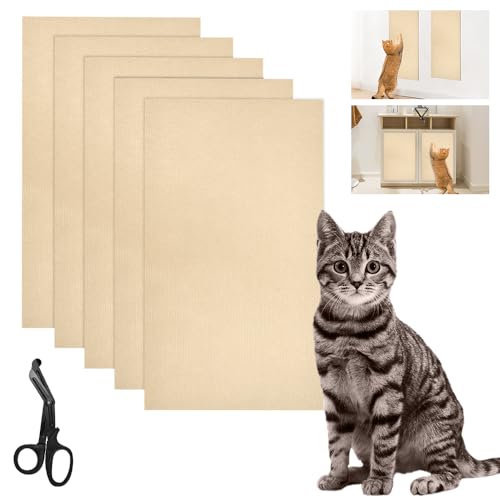Byfoyif 5 Pcs Tapis Griffoir Chat Autocollant 60cmx30cmx4mm, Protection Canapé Chats en Tissu, Griffoir Mural Chat avec Ciseaux, Grattoir Chats Canapé Anti-Griffe, pour Porte Meuble Fauteuil, Kaki