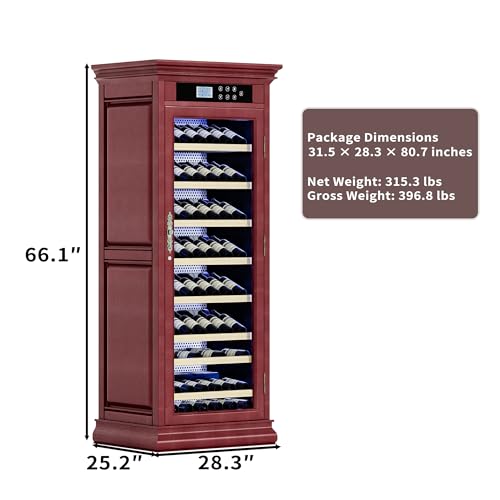 Image of KEIKI Freestanding Wine Refrigerator with Wood Cabinet, 102 Bottle Single Zone Wine Cooler, Humidity Control Tempered Glass Door, LED Light Lockable Shelves, for Home Bar Kitchen, Cherry