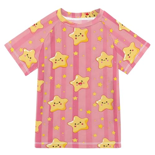 ALAZA Boys Swim Shirt Short Sleeve Rash Guard for Boys Girls UPF 50+ Yellow Stars Pink Stripe 9-10T