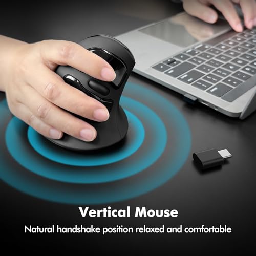 Image of MicroPack Ergonomic Mouse, Vertical Wireless Mouse with USB A & Type-C Receiver, Ergo Design Reduces Muscle Strain, 6 Buttons 800 /1200 /1600 DPI Mouse for Windows, Mac, PC, Laptop, Black