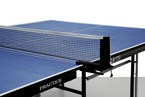 Image of GYMNCO Practice Table Tennis Table with 75 MM Wheel (Top 18 mm Laminated Compressed & Free TT Table Cover + 2 TT Racket & Balls), Blue Top Board and Black & Grey Base Top 18mm