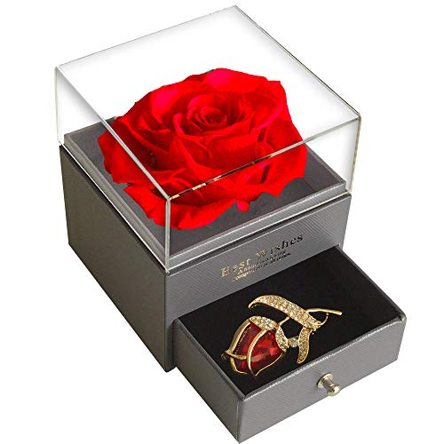 SWEETIME Red Rose Gift Box Enchanted Real Rose with Ruby Rose Brooch, Eternal