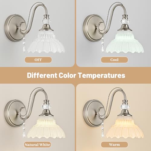 Image of 1 Piece Brushed Nickel Finish Wall Sconce, 1-Light Modern Wall Sconce with Hanging Crystal Accents and Flower-Shaped White Shades for Bathroom Bedroom Living Room,Modern Vanity Light