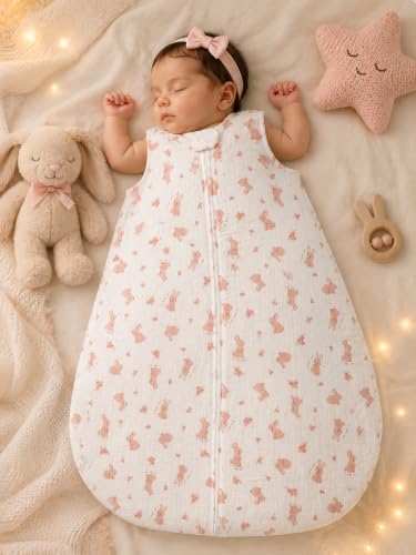 Image of TuddyBuddy Baby Cotton Wearable Quilted Sleeping Bag Blanket 1.5 Tog with 1 Way Zipper Closure | Ideal for Babies & Kids Hypoallergenic Fabrics | (Muslin Pink Rabbits AOP - White, 0-6 Months)