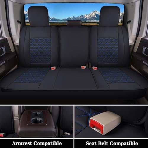 Image of Coverado Car Seat Covers Full Set, Leather RAM 1500 Seat Covers Protectors Compatible with 2002-2026 Dodge RAM 1500 2500 3500 Crew Double Mega Quad Cab with Flat Bench, Blue