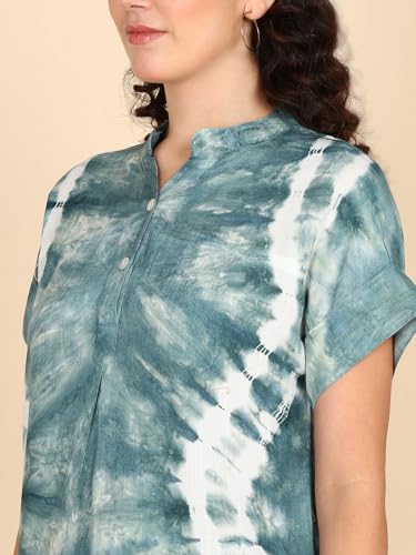 Image of Maaesa Women Handmade Regular Fit Tie-Dye Rayon Top | Casual Wear & Office Wear | Short Sleeve | Mandarin Neck | Lightweight & Breathable Fabric