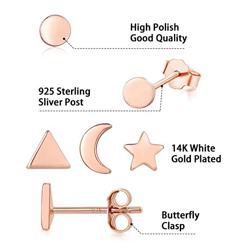 Small Gold Stud Earrings - 4 Pairs Rose Gold Plated Triangle, Star, Moon and Round CZ Stud Earrings - Hypoallergenic Cartilage and Tragus Set3