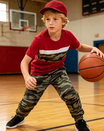 Image of OLMRJKD Boys 2 Piece Outfits Color Block Clothes Short Sleeve T Shirt and Camouflage Pants Summer Clothing Sets