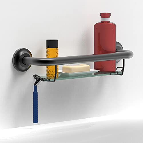 Ameriluck Bath Safety Grab Bar With Tempered Glass Shampoo Shelf For Shower Wall And Bathtub, 250Lbs Weight Support, 16Inches Apart For Stud Mount, Stainless Steel Rustproof, Matte Black #TOP24