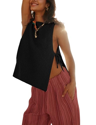 Womens Spring Summer Sleeveless Side Tie Sweater Top Stylish Ribbed Knit Dropped Tank 2025