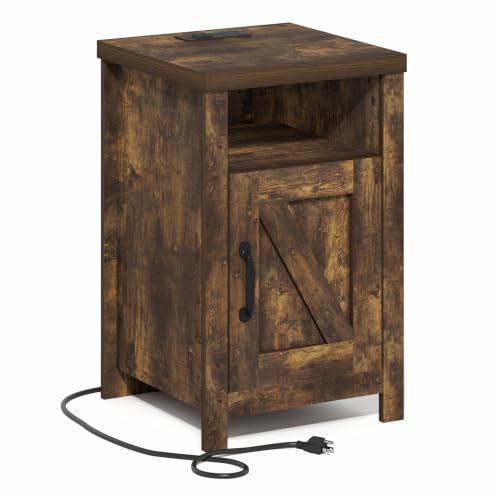 Furinno Farmhouse Nightstand with Charging Station, Bedside Table, Side Table, End Table with Door, USB Ports and Outlets, for Bedroom, Closet, Dorm, Amber Pine - image 5