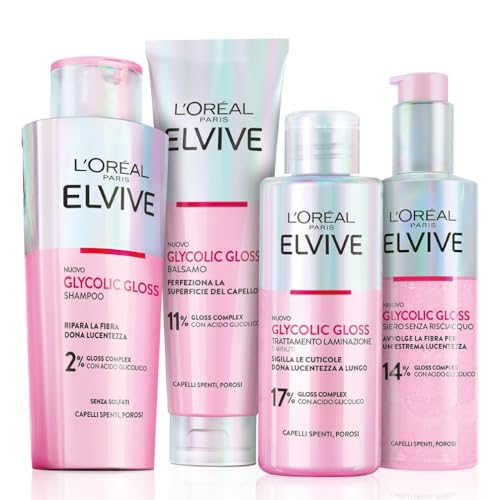 L'Oréal Paris Elvive Routine con Shampoo, Balsamo, Trattamento Laminazione 5 Minuti e Siero Senza Risciacquo, Per Capelli Spenti e Porosi, Luminosità Intensa, Con Acido Glicolico, Glycolic Gloss