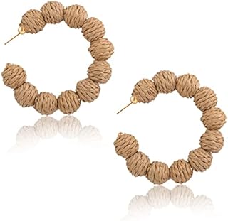 Yolev Rattan Earrings Retro Rattan Ball Big Hoop Earrings Handmade Lightweight Geometric Circle Shape Boho Straw Wicker Raffia Earrings Summer Beach Dangle Earrings for Women Girls