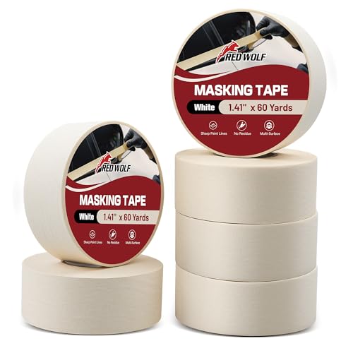 Image of RED WOLF 1.41 inch x 60 Yards Masking Tape 6 Pack, General Purpose for Painting Arts Crafts Label Car Painting, Sharp Paint Line No Residue Painters Tape White Beige Crepe Paper Tape Heat Resistance
