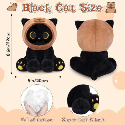Image of Capybara Plush Stuffed Cat, 8inch Black Cat Plush Wear Capybara Hood, Cute Kitten Plushies Kawaii Huggable Gift for Kids, Boys, Girls, Birthday