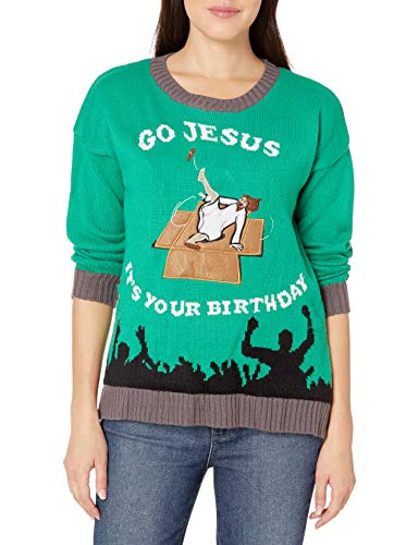 Blizzard Bay Women's Ugly Christmas Jesus Sweater, Bday Green, Medium