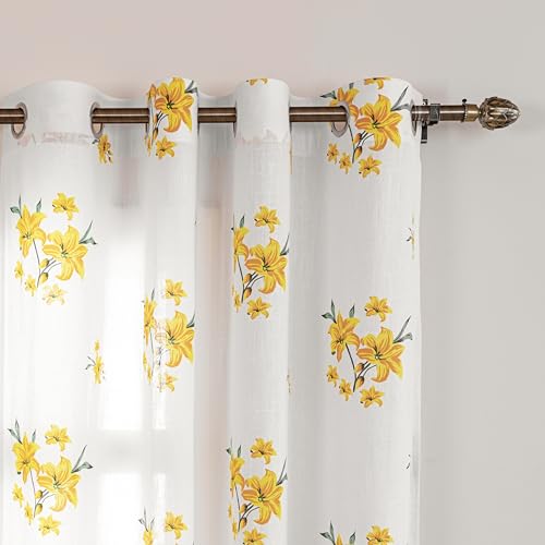 Image of HOMEMONDE Cotton Sheer Curtains for Window Sun Light Filtering Linen Textured Curtain Single Piece, Yellow Flower Printed, Hangs with Eyelets - (L 5FT x W 4.5FT)