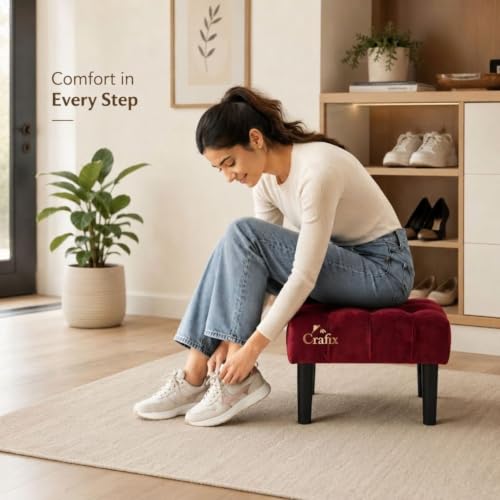 Image of Upholstered Foot Rest Ottoman Stool with Wooden Legs, Tufted Footstool for Living Room, Bedroom, Makeup Vanity, Entryway, Comfortable Footrest Bench, Modern Accent Ottoman (Red)