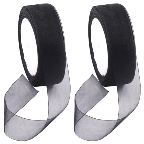 Swpeet 2 rollos de cintas de tela transparente negra brillante de organza de 50 yardas x 1 pulgada, cinta transparente de gasa para ramos de boda, decoración de cumpleaños