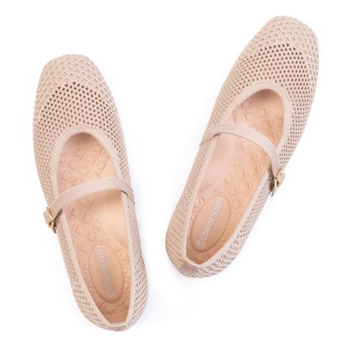 Frank Mully Womens Casual Flat Shoes Square Toe Shoes Knitted Mesh Flat Comfort Work Flat Shoes for Daily Washable Ecru Mesh,10