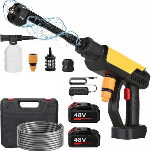 Image of (Double Battery) Cordless Portable Wireless Pressure Washer Gun 48V 12000mAh High Pressure Water Gun for Car Wash & Bikes Cleaning with Adjustable Nozzles & Charger and 5M Hose Pipe