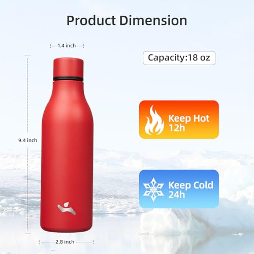 Image of Konokyo Insulated Water Bottle with Strap,18 oz Double Wall Stainless Steel Vacuum Bottles Metal Water Flask,Red