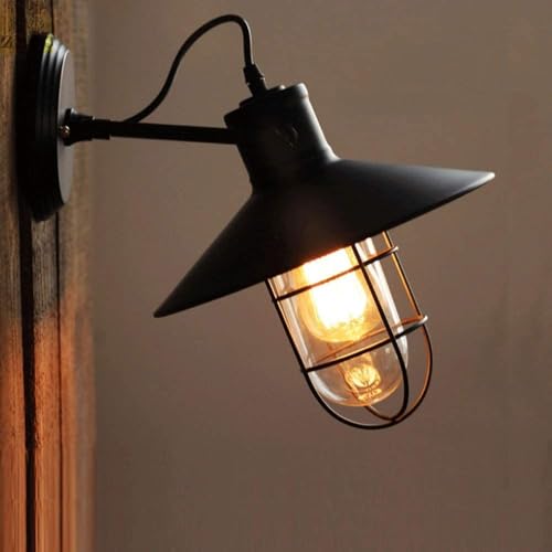 Lámpara jaula metal para pasillos oscuros aplique de pared retro negro mate