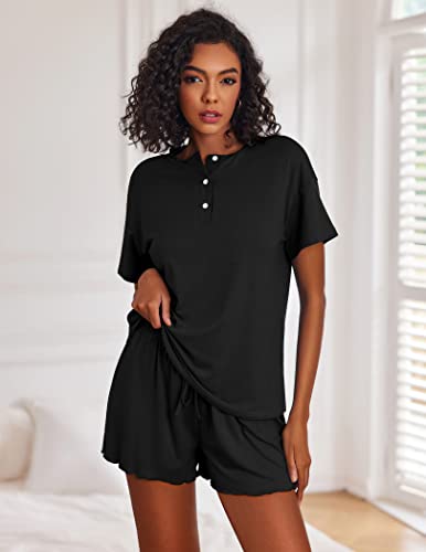 Image of Ekouaer Pajamas Set for Women Short Sleeve Lounge Set 2 Piece Loungewear PJs Soft Cute Lightweight Sleepwear