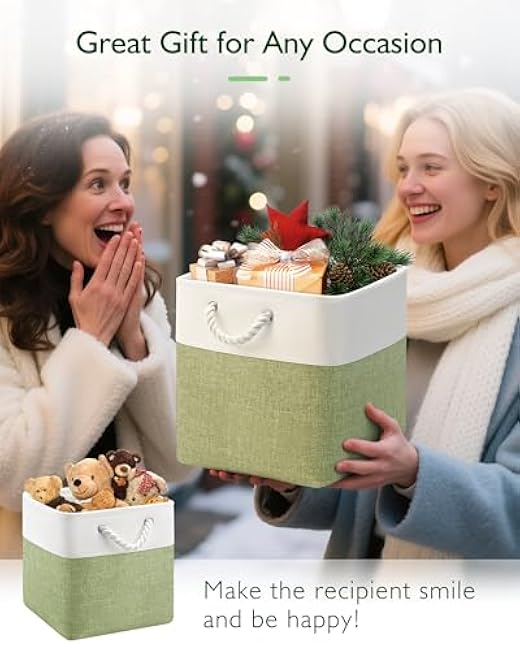 11x11 Cube Storage Bins, 6 Pack Foldable Fabric Organizer Bins with Rope Handles, Storage Cubes for Organizing Bedroom, Living Room, Clothes and Toys, Shelves and Closet (White & Green)