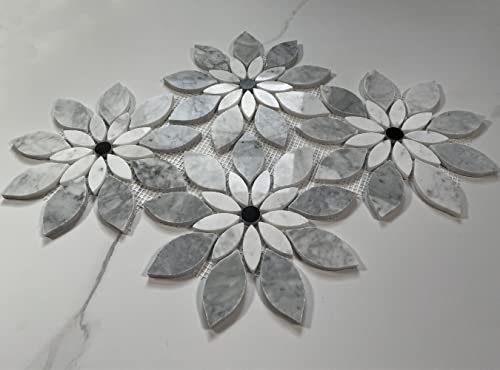 Stone Center Online Carrara White Marble Wildflower Rain Flower Waterjet Mosaic Tile W/Bardiglio Gray & Nero Marquina Black Polished Kitchen Bath Wall Floor Backsplash Shower (1 Sheet) #TOP5