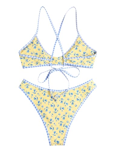 Image of ZAFUL Women's Tie Back Padded High Cut Bralette Bikini Set Two Piece Swimsuit