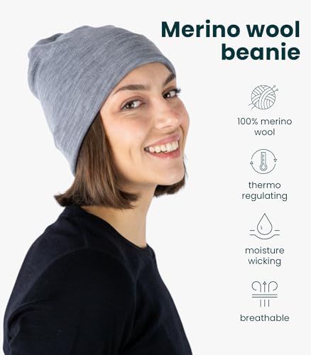 Image of Merino Wool Beanie for Women & Men - 100% Merino Skull Cap 17.5um - All Season Unisex Adult Hat & Socks for Running, Hiking