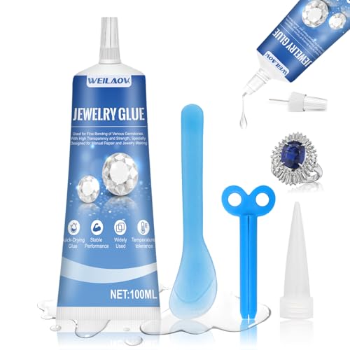 WEILAOK Pegamento para Bisutería, Pegamento para Pedrería en Tela, Pegamento para Joyas, Transparente y Hermoso, Aislado EImpermeable, Apto para La Fabricación y Reparación de Joyas,100 ml