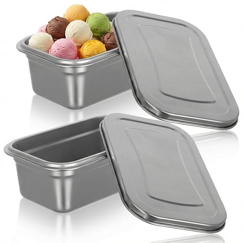 UIFGVJH Reusable Ice Cream Tub Containers 2 Quart: Stainless Steel Ice Cream Containers for Homemade Ice Cream, Sorbet, Frozen Yogurt or Gelato - Stackable Ice Cream Freezer Container,1.8 Liter