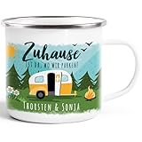 SpecialMe® Emailletasse personalisiert mit Namen Zuhause ist da wo wir parken Wohnwagen Camping Geschenke Emaille-weiss-silber standard