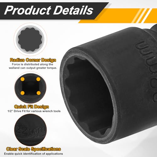 Image of HARFINGTON 2pcs 1 /2 inch Drive x 22mm Shallow Impact Socket 12-Point Metric CR-V Steel Spindle Nut Impact Flip Sleeve for Home Auto Nuts Bolts Repair