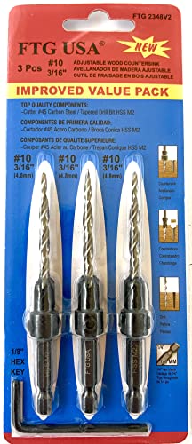 Image of FTG USA #10 (3 /16 inch) Wood Countersink Drill Bit 3-Pc Set with Hex Key | Convenient 3-pack of identical tapered bits for woodworking. Includes 1 Allen wrench hex key for easy adjustments