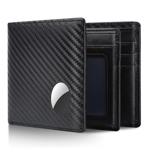 Image of Swallowmall AirTag Wallet Mens RFID Blocking Genuine Leather Bifold Men's Wallet For air tag with 1 ID Window 13 Card Holders BlackStripe(Airtag Not included)