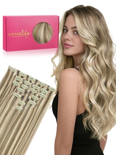 WENNALIFE Seamless Clip in Hair Extensions Real Human Hair, 18 Inch 110g Ash Brown with Platinum Blonde Highlights Invisible PU Skin Weft, Natural Thick Real Hair Clip Ins for Women, Soft Remy Hair