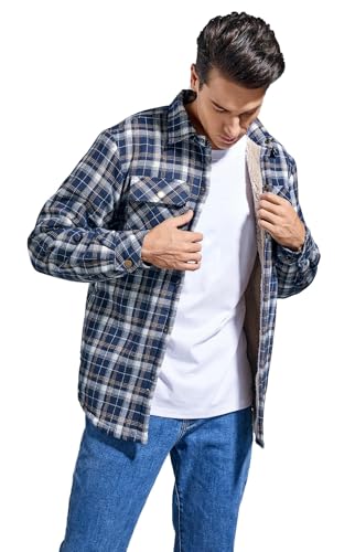 Image of Men's Sherpa Cotton Flannel Shirt Jacket Plaid Button Coat Pocket