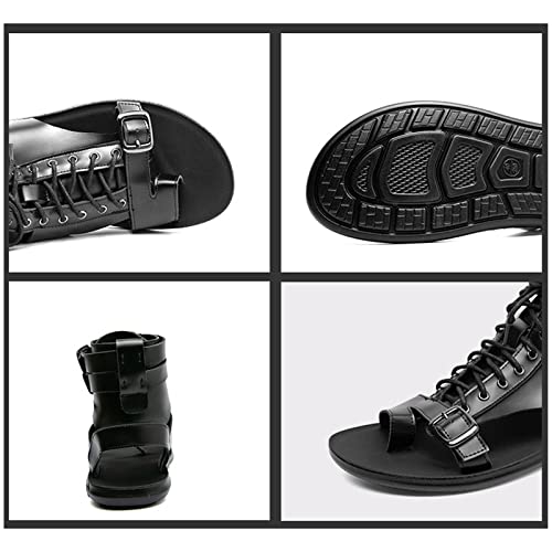 UGOSELEC Men's Leather Gladiator Sandals Roman Sandals,Casual Non-slip Breathable Lace Up Buckle Versatile High Top Beach Shoes3