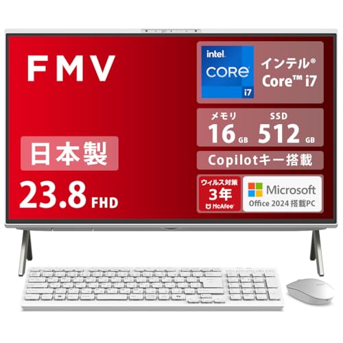 富士通 デスクトップパソコン 一体型 日本製 FMV Desktop F WF1-K1 (MS Office 2024/Copilotキー搭載/Win 11/23.8型/Core i7/16GB/SSD 512GB/BDXL対応 Blu-ray Discド
